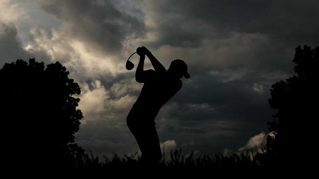 Scottie Scheffler plays his shot from the 18th tee during the second round of the 2024 PGA Championship at Valhalla Golf Club in Louisville, Kentucky.