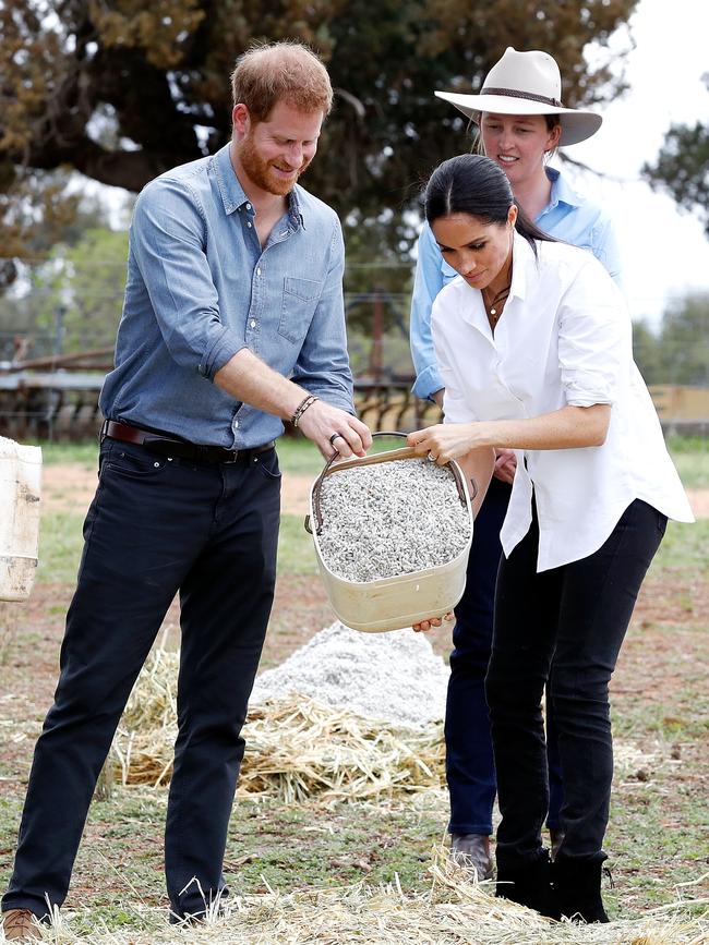 Harry and Meghan visit a local farming family, the Woodleys in Dubbo. Picture: Getty