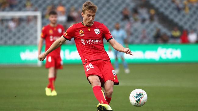 Adelaide United winger Ben Halloran scored one and set up another as the Reds came from behind to down Central Coast Mariners in Gosford. Picture: AAP Image/Jeremy Ng