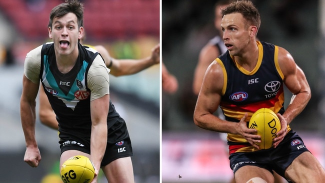 Port Adelaide’s Zak Butters and Adelaide’s Brodie Smith.