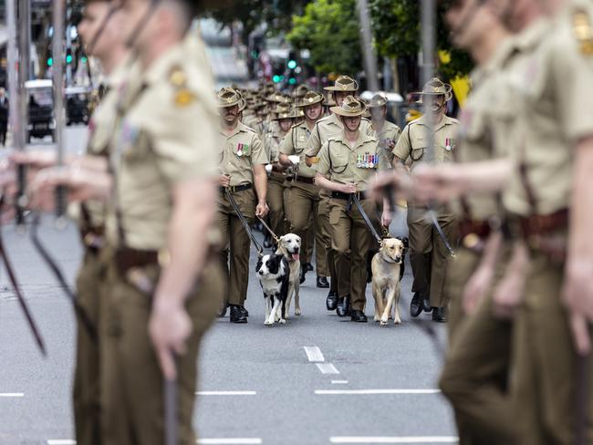 Members of the Australian Army make their way through the Brisbane city streets for the ANZAC Day parade. Picture: NCA NewsWire/Matthew Poon