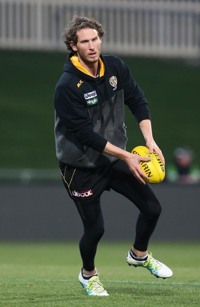 Ty Vickery trains at Blundstone Arena ahead of Richmond’s clash against North Melbourne. Picture: Nikki Davis-Jones