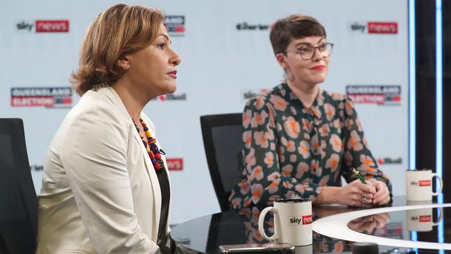 Jackie Trad and Amy MacMahon during the Sky News/Courier-Mail South Brisbane debate. Picture: Peter Wallis.