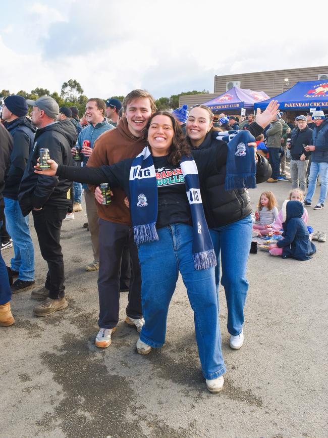 West Gippsland league grand final match 2024 — Phillip Island Bulldogs V Nar Nar Goon "The Goon" Football Club at Garfield Recreation Reserve on September 14, 2024: Ben Bishop-Schoff, Chloe Bernard and Kara Dahlberg. Picture: Jack Colantuono