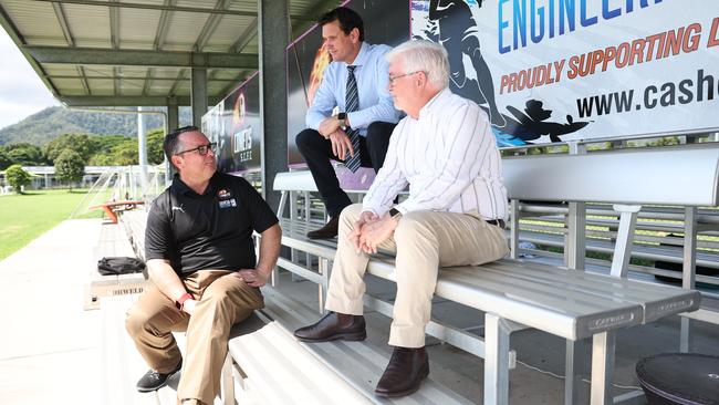 Southside Comets' Daniel Schmidt speaking with Police Minister Dan Purdie and Mulgrave MP Terry James. Picture: Arun Singh Mann