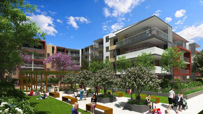 Artist impressions of a $181 million development application for 8 x 5 storey residential flat buildings containing 703 units and 883 basement basement car parking spaces at 42-66 Junction Road, Schofields.