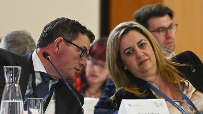 Daniel Andrews and Queensland Premier Annastacia Palaszczuk during the jobs and skills summit at Parliament House in September. Picture: Martin Ollman/Getty Images