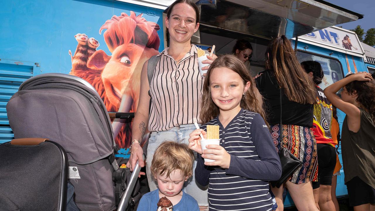 Dahna Jensen, Aylah Jensen and Carter Jensen enjoying there ice-cream at the Charles Darwin University Darwin NAIDOC Family Fun Day at University Pirates Rugby Union Oval, Casuarina. Picture: Pema Tamang Pakhrin