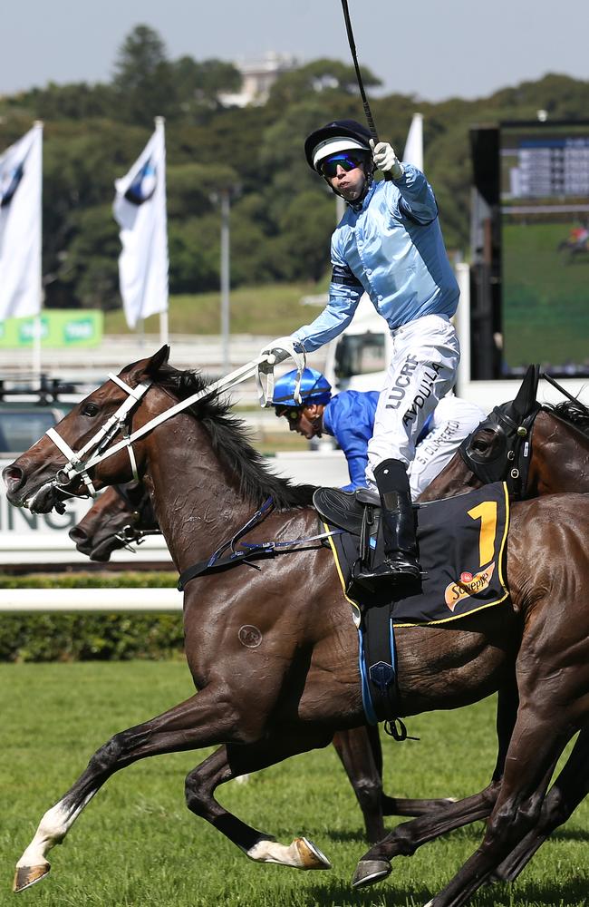 Brenton Avdulla celebrates after riding Libran to victory in the Chairman’s Handicap.