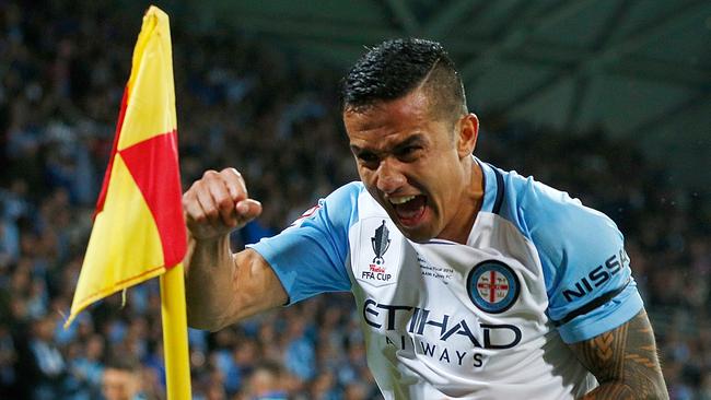Tim Cahill of Melbourne City celebrates after kicking a goal during the FFA Cup Final.