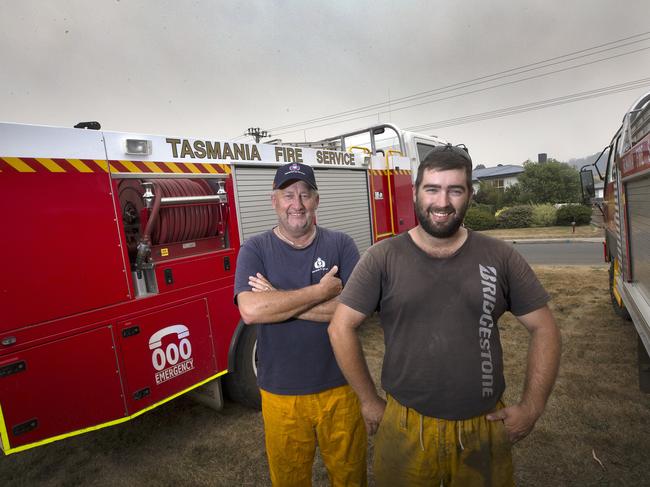 Kevin and Sam Lawler joined the fight against the blaze at Geeveston. Picture: CHRIS KIDD