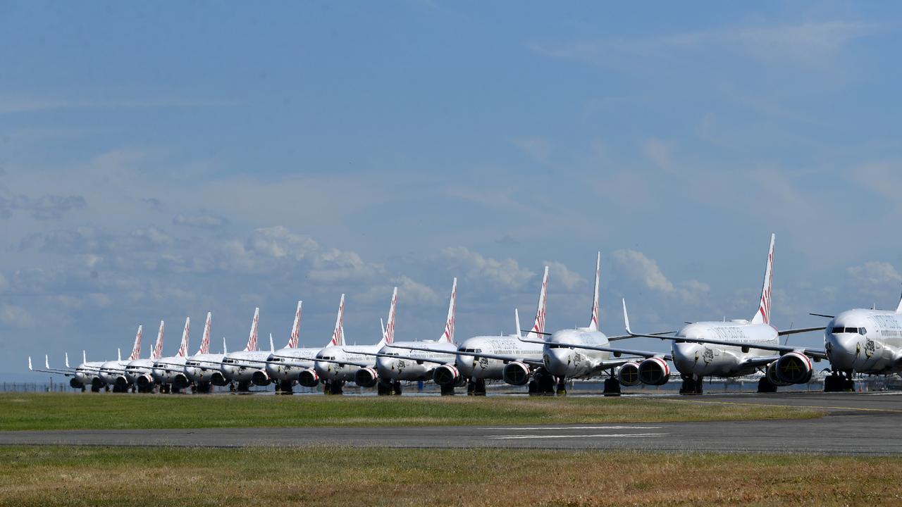 Grounded Virgin aircraft parked at Brisbane Airport. Picture: Darren England/AAP