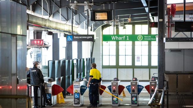 Extra cleaning, but no commuters at Manly Wharf. Picture: Julian Andrews.