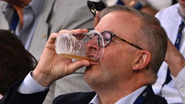 Prime Minister Anthony Albanese enjoys a beverage while attending the Australian Open. picture; Quinn Rooney/Getty Images