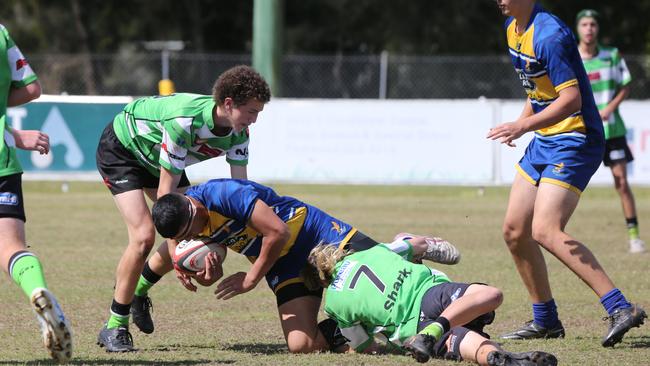 Action galleries of the junior rugby union grand finals, match played at Surfers Paradise Home Ground. Gold Coast Eagles Vs Currumbin Alligators under 16s division. Picture Mike Batterham