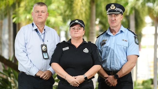 Senior Sergeant Adam Golding, Sergeant Elise Feltham and Townsville District Officer Acting Chief Superintendent Tom Armitt, launch Domestic and Family Violence Prevention Month. Picture: Shae Beplate.