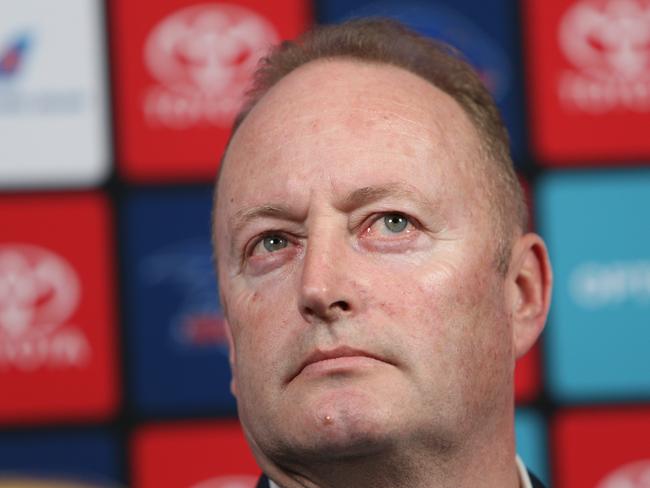 Crows Chairman Rob Chapman talks to media at a press conference at Adelaide Crows HQ in West Lakes about Don Pyke's decision to step down as Senior Coach of the Adelaide Football Club. (AAP/Emma Brasier)