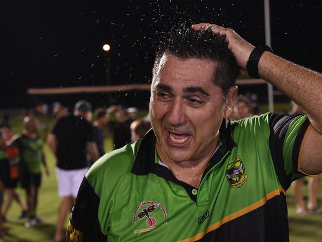 Nothing but smiles from Palmerston Raiders coach Merg Mikaelian as they celebrate winning the NRLNT Grand Final 2022. Picture: (A)manda Parkinson