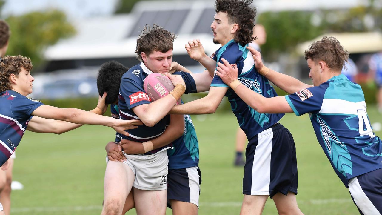 RUGBY LEAGUE: Justin Hodges and Chris Flannery 9s Gala Day. Mountain Creek State High (white shorts) V Morayfield State High, year 10. Picture: Patrick Woods.