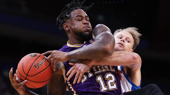 *APAC Sports Pictures of the Week - 2021, December 6* - SYDNEY, AUSTRALIA - DECEMBER 05: Jarell Martin of the Kings is challenged by Brad Newley of United during the round one NBL match between Sydney Kings and Melbourne United at Qudos Bank Arena on December 05, 2021, in Sydney, Australia. (Photo by Matt King/Getty Images)