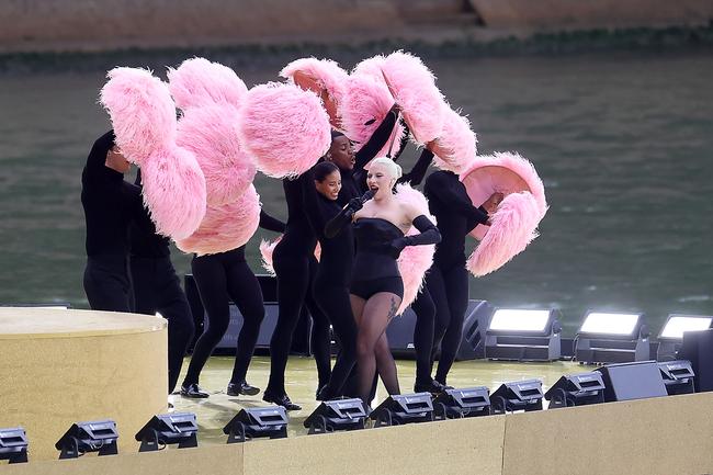 PARIS, FRANCE - JULY 26: American Singer-Songwriter Lady Gaga performs at Square Barye during the athletesÃ¢â&#130;¬â&#132;¢ parade on the River Seine during the opening ceremony of the Olympic Games Paris 2024 on July 26, 2024 in Paris, France. (Photo by Lars Baron/Getty Images)