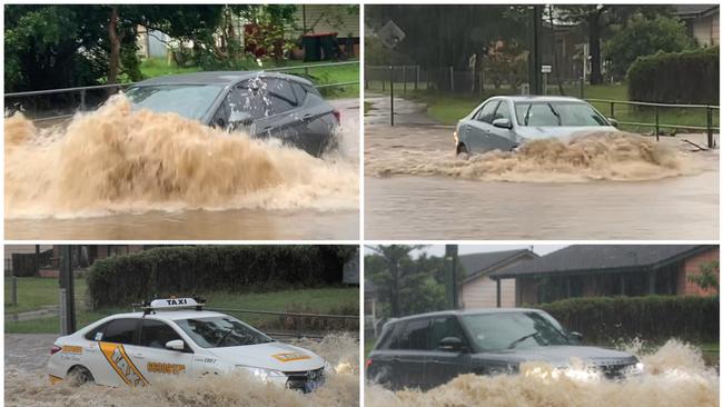 Cars drive into floodwaters on Bray St Coffs Harbour on Thursday.