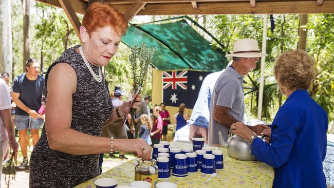 Pauline Hanson makes a cup of tea at a Remembrance Day Service. Picture: Lachie Millard