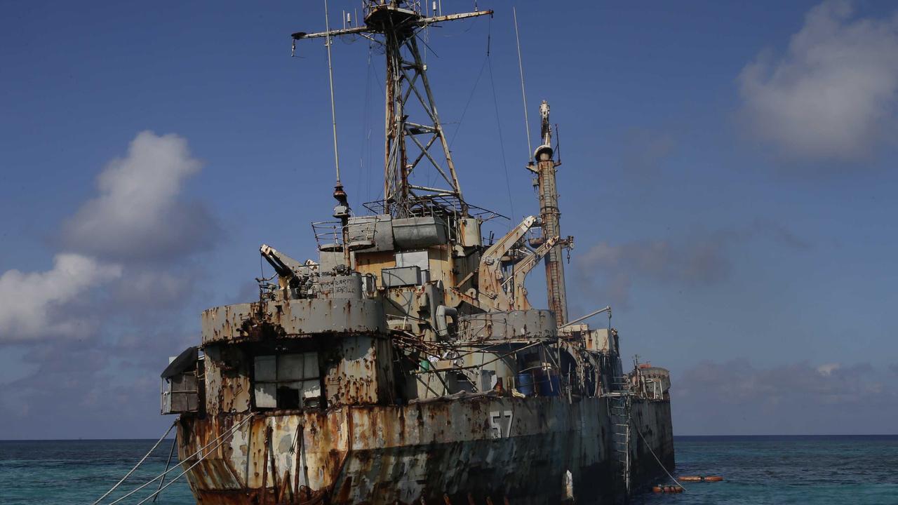 A dilapidated Philippine Navy ship LT 57 (Sierra Madre) with Philippine troops deployed on board is anchored off Second Thomas Shoal, locally known as Ayungin Shoal. Picture: AP