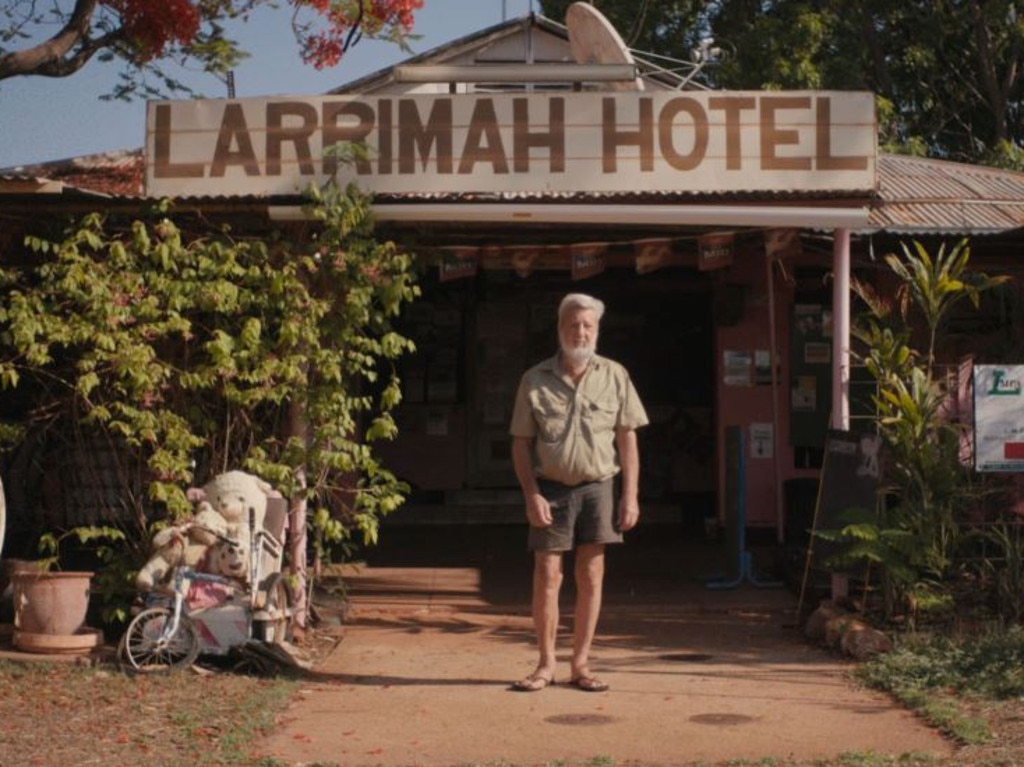 Barry Sharpe, the owner of the Larrimah Hotel &amp; Pub and a beefy pet crocodile. Picture: HBO