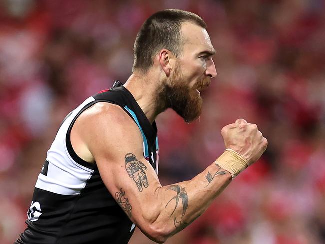 SYDNEY, AUSTRALIA - SEPTEMBER 20: Charlie Dixon of the Power celebrates kicking a goal during the AFL Preliminary Final match between Sydney Swans and Port Adelaide Power at Sydney Cricket Ground, on September 20, 2024, in Sydney, Australia. (Photo by Cameron Spencer/Getty Images)