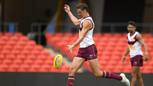 Joe Daniher kicks foe goal during the Lions’ 47-point win over the Suns. Picture: Albert Perez/Getty Images