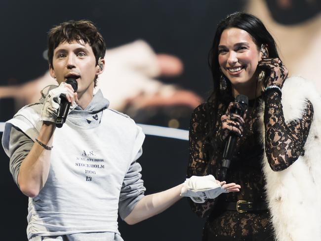 MELBOURNE, AUSTRALIA - MARCH 22: (EXCLUSIVE COVERAGE) Dua Lipa and Troye Sivan performs her 'Radical Optimism Tour' at Rod Laver Arena on March 22, 2025 in Melbourne, Australia. (Photo by Naomi Rahim/Getty Images)