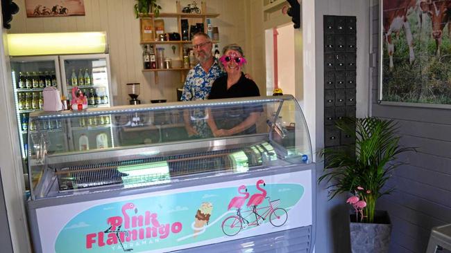 Jane and Frank Hodgkinson are proud to bring happiness to residents through their new ice cream shop Pink Flamingo. Picture: Contributed