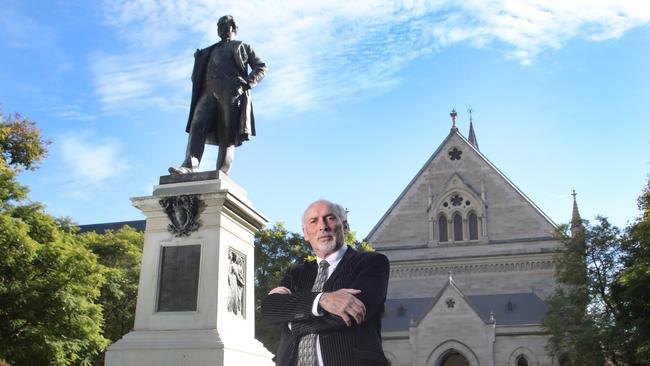 Elder Professor Charles Rae, pictured at the statue of Sir Thomas Elder by Elder Hall. Picture Dean Martin