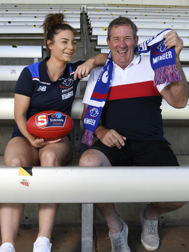 New Central District SANFLW captain Shelby Smith with dad and ex-Bulldogs men’s league skipper Greg Smith. Picture: Naomi Jellicoe