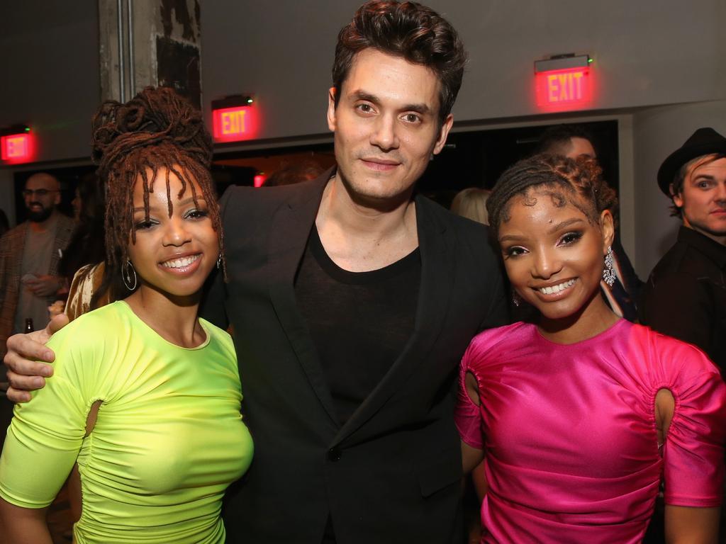 John Mayer with Chloe and Halle Bailey of Chloe X Halle at the Sony party. Picture: Getty Images