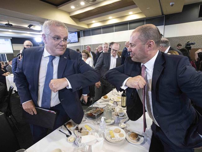 CANBERRA, AUSTRALIA-NCA NEWSWIRE PHOTOFEBRUARY 01 2021Prime Minister Scott Morrison with Treasurer Josh Frydenberg after the PM's address at the National Press Club in Canberra. Picture: NCA NewsWire / Gary Ramage