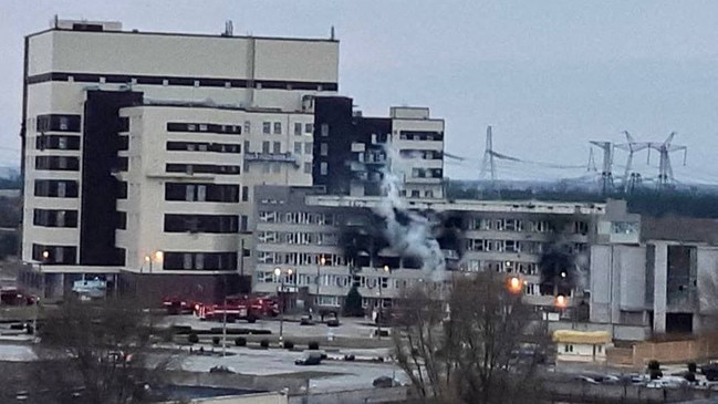 Smoke rises from the damaged training building of Zaporizhzhia nuclear power plant following Russian shell fire on March 4. Picture: AFP