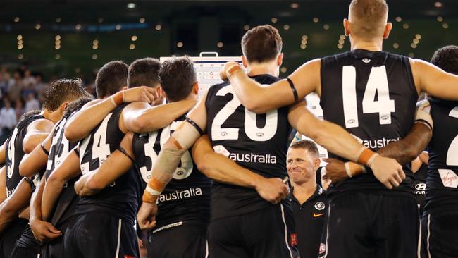 Brendon Bolton addresses Carlton’s players during their Round 3 loss to Sydney. Picture: Michael Wilson/AFL Photos/Getty Images.