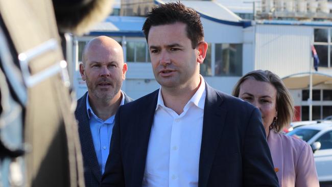 Labor Leader Dean Winter speaking at the Spirit of Tasmania terminal in Devonport. Picture: Supplied.