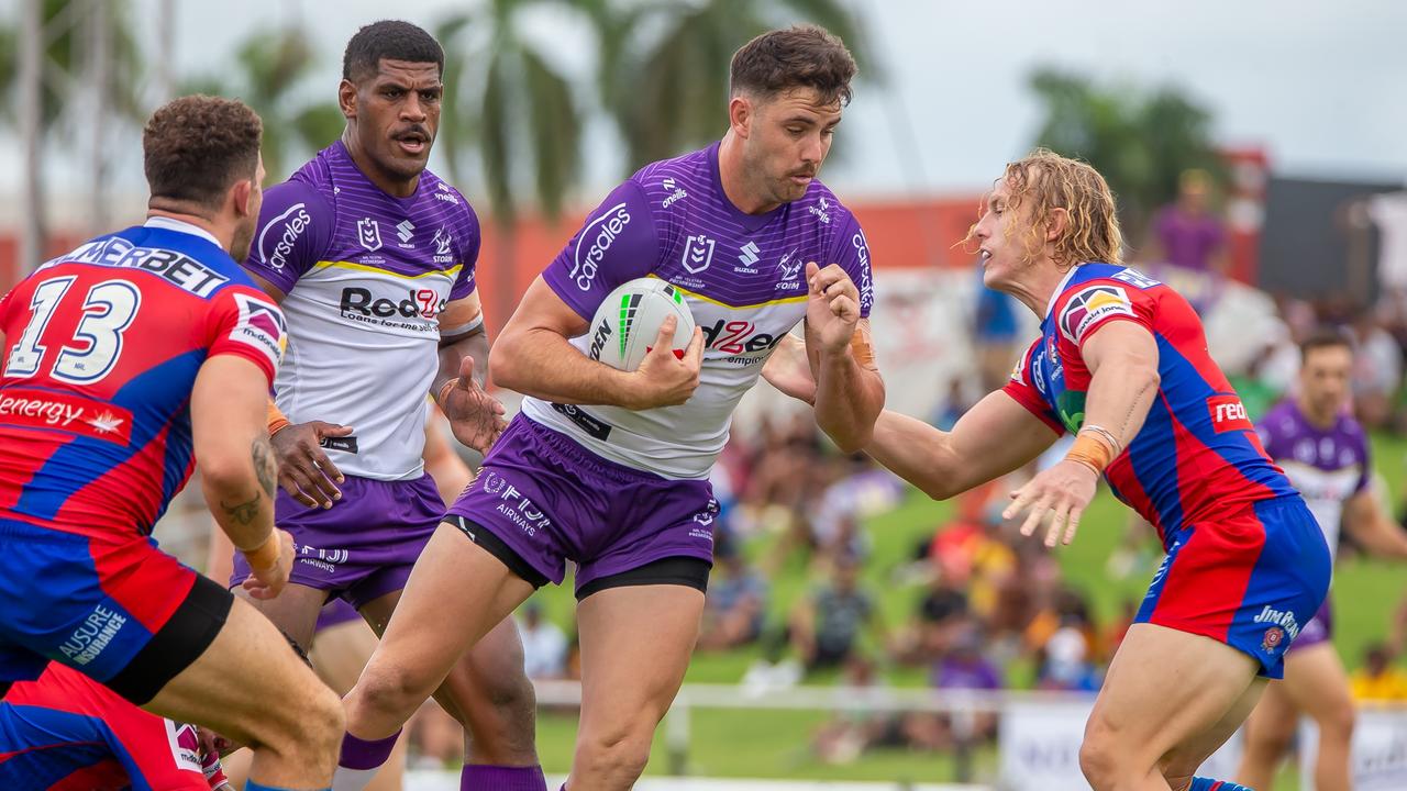 Trent Loiero of Melbourne Storm runs with the ball during the NRL Pre-season challenge match between Melbourne Storm and Newcastle Knights at Churchill Park on February 24, 2024 in Lautoka, Fiji. (Photo by Pita Simpson/Getty Images)