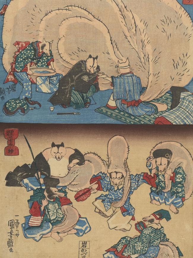 Utagawa Kuniyoshi’s A sick tanuki (top) and Tanuki as the Seven gods of good fortune (bottom) (1843–44). Art Gallery of New South Wales