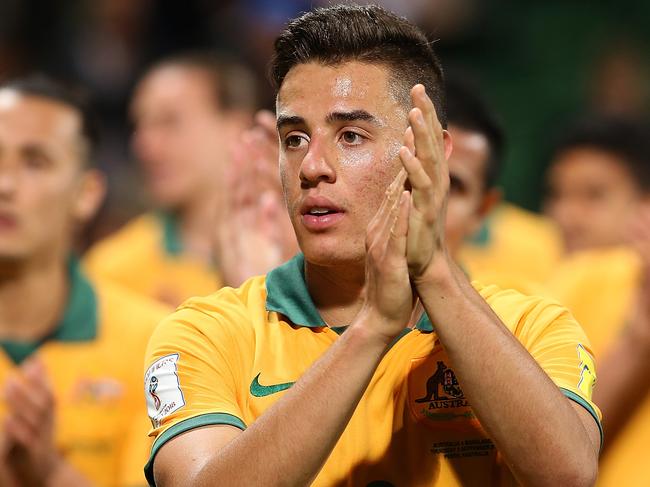 PERTH, AUSTRALIA - SEPTEMBER 03: Chris Ikonomidis of Australia acknowledges the supporters after winning the 2018 FIFA World Cup Qualification match between the Australian Socceroos and Bangladesh at nib Stadium on September 3, 2015 in Perth, Australia. (Photo by Paul Kane/Getty Images)