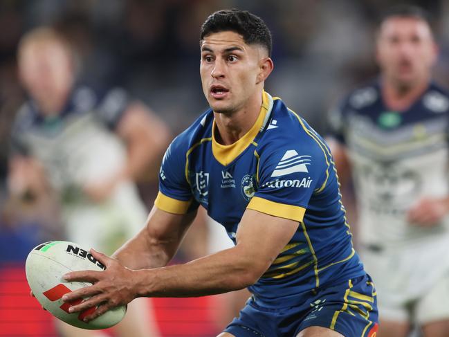 SYDNEY, AUSTRALIA - MAY 26: Dylan Brown of the Eels runs with the ball during the round 13 NRL match between Parramatta Eels and North Queensland Cowboys at CommBank Stadium on May 26, 2023 in Sydney, Australia. (Photo by Mark Metcalfe/Getty Images)