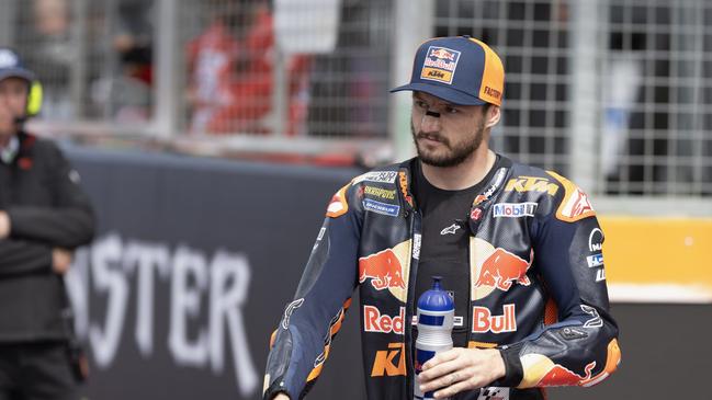 NORTHAMPTON, ENGLAND - AUGUST 03:  Jack Miller of Australia and Bull KTM Factory Racing arrives on grid and  prepares to start on the grid during the MotoGP Of Great Britain - Sprint at Silverstone Circuit on August 03, 2024 in Northampton, England. (Photo by Mirco Lazzari gp/Getty Images)