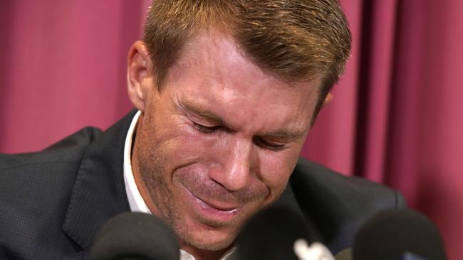 David Warner was inconsolable at his press conference following the ball tampering saga. What will he say when he speaks next? Picture: AAP