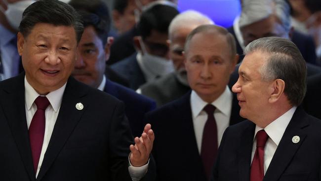 Xi Jinping, Vladimir Putin and Shavkat Mirziyoyev at the Shanghai Cooperation Organisation (SCO) leaders' summit. Picture: Sergei Bobylyov/Sputnik/AFP