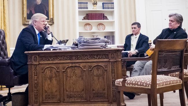 Steve Bannon listens in to Donald Trump’s phone call with Malcolm Turnbull. That phone call is now central to the impeachment inquiry. Picture: Pete Marovich.