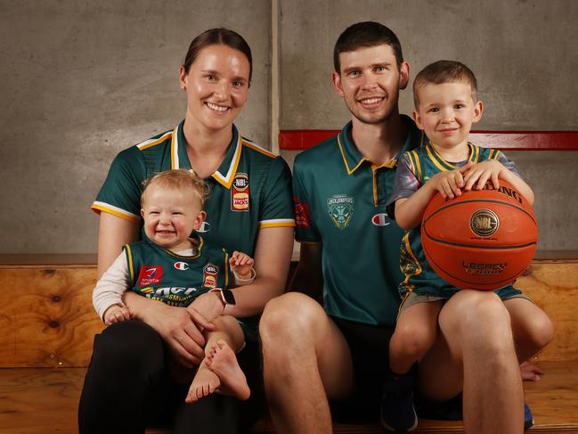 Clint with wife Kayla and children Addison 14 months and Noah 3.  JackJumpers Captain Clint Steindl will mark his 300th NBL game when he steps on the court at Adelaide Entertainment Centre to take on the 36ers.  Picture: Nikki Davis-Jones