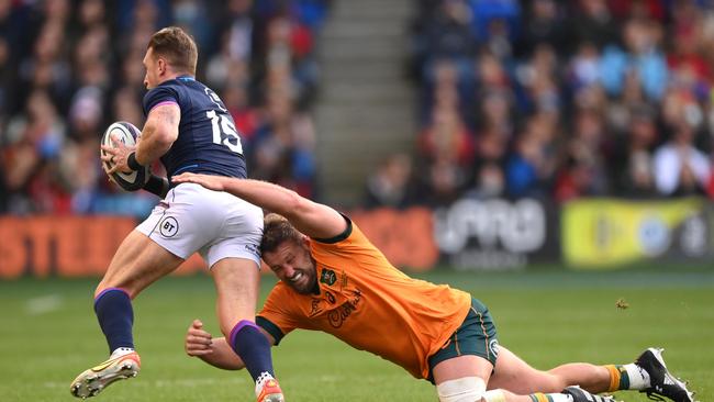 James Slipper tackles Stuart Hogg in Australia’s 15-13 weekend loss to Scotland. Picture: Stu Forster/Getty Images